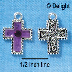 C2973+ - Purple Resin Cross with Beaded Border & Swarovski Crystal - Silver Charm