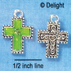 C2975+ - Lime Green Resin Cross with Beaded Border & Swarovski Crystal - Silver Charm