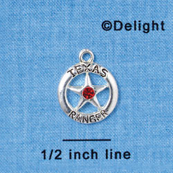 C3005 - Texas Ranger Badge with Red Swarovski Crystals - Silver Charm