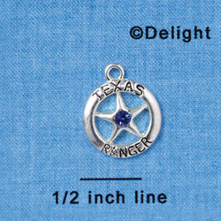 C3006 - Texas Ranger Badge with Sapphire Swarovski Crystals - Silver Charm