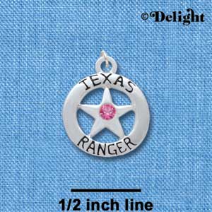 C3007 - Texas Ranger Badge with Hot Pink Swarovski Crystals - Silver Charm