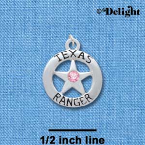 C3008 - Texas Ranger Badge with Light Pink Swarovski Crystals - Silver Charm