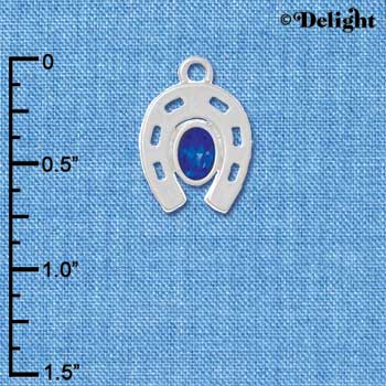 C3083 - Silver Horseshoe with Large Oval Sapphire Swarovski Crystal - Silver Charm