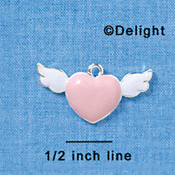 C3147 - Pink Enamel Heart with White Wings - Silver Charm