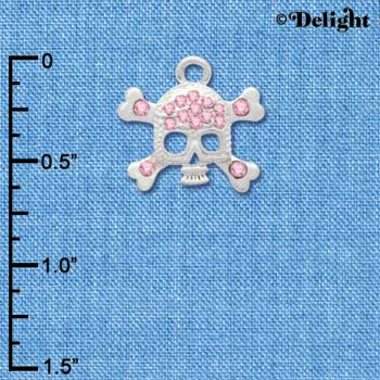C3160 - Silver Skull and Crossbones with Pink Swarovski Crystals - Silver Charm