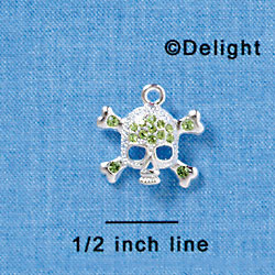 C3163 - Silver Skull and Crossbones with Peridot Green Swarovski Crystals - Silver Charm