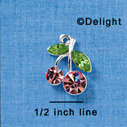 C3165 - Pink Swarovski Cherries with Peridot Swarovski Leaves - Silver Charm