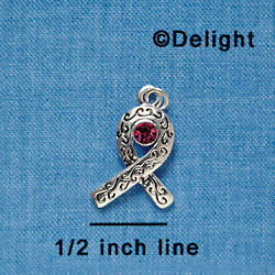C3273 - Silver Ribbon with Scrollwork & Pink Swarovski Crystal - Silver Charm ( 6 charms per package)