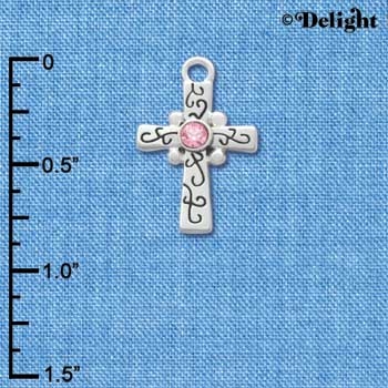 C3305 - Silver Scroll Cross with Pink Swarovski Crystal - Silver Charm