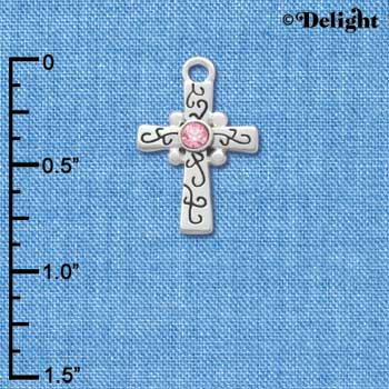 C3305 - Silver Scroll Cross with Pink Swarovski Crystal - Silver Charm