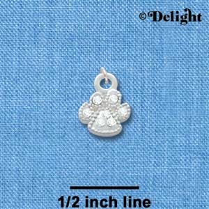 C3341 - Mini Silver Paw with Clear Swarovski Crystals - Silver Charm