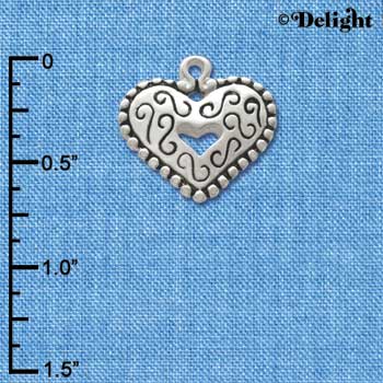 C3349+ - Large Antiqued Silver Heart with Swirls and Beaded Border - 2 Sided - Silver Charm