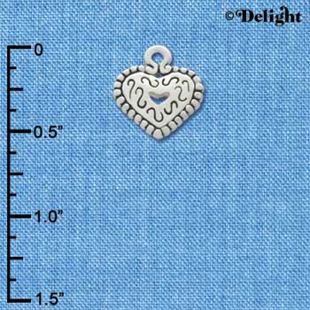 C3350+ - Mini Antiqued Silver Heart with Swirls and Beaded Border - 2 Sided - Silver Charm