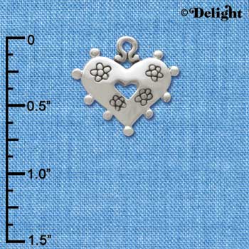 C3353+ - Large Silver Heart with Flowers - 2 Sided - Silver Charm