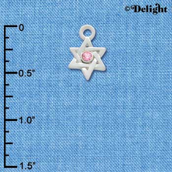 C3382 - Mini Silver Star of David with Pink Swarovski Crystal - Silver Charm
