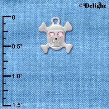 C3413 - Skull & Bones with Pink Swarovski Crystal Eyes - Silver Charm