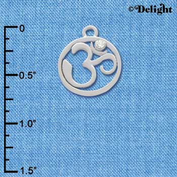 C3473 tlf - Silver Om in Circle with Clear Swarovski Crystal - Im. Rhodium charm