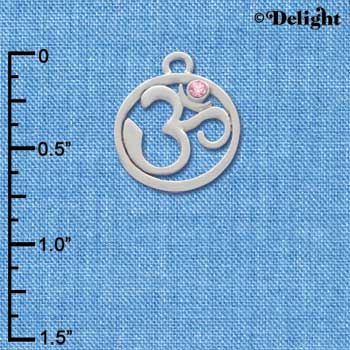 C3474 tlf - Silver Om in Circle with Pink Swarovski Crystal - Im. Rhodium charm