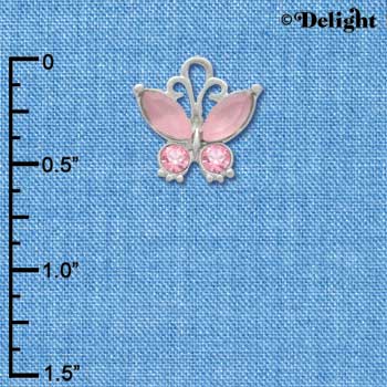 C3491 tlf - Butterfly with Frosted Pink Resin Wings & Pink Swarovski Crystals - Im. Rhodium Charm