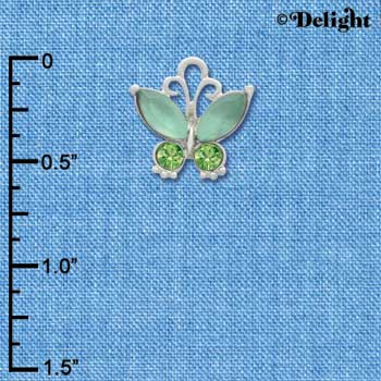 C3494 tlf - Butterfly with Frosted Green Resin Wings & Peridot Swarovski Crystals - Im. Rhodium Charm