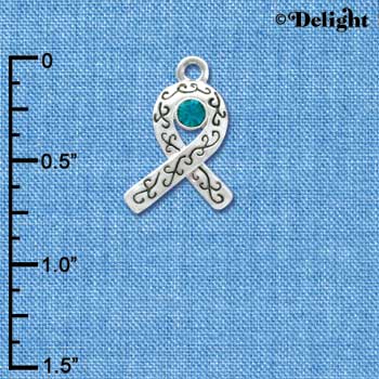 C3512 tlf - Silver Scroll Ribbon with Teal Swarovski Crystal - Silver Charm