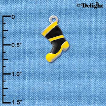 C3565 tlf - Black and Yellow Enamel Firefighter Boot - 3-D - Silver Charm