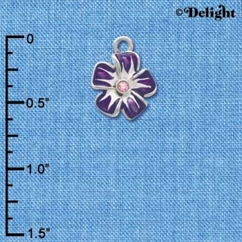C3582 tlf - Purple and White Flower with Pink Swarovski Crystal - Silver Charm