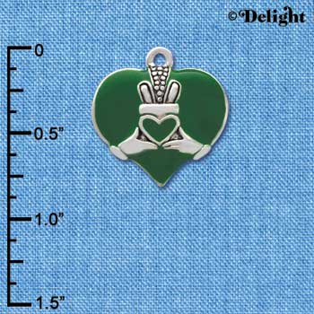 C3672 tlf - Large 2-D Claddagh on Green Heart - Silver Charm