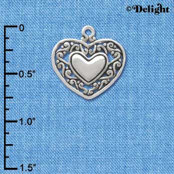 C3746 tlf - 2-D Silver Heart with Scroll Border - Silver Charm