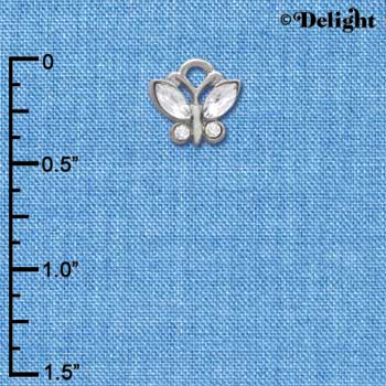 C3780 tlf - Mini Butterfly with Frosted Clear Resin Wings & Clear Swarovski Crystals - Im. Rhodium Charm