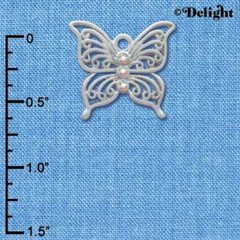 C3810 tlf - Open Silver Butterfly with 3 AB Swarovski Crystals - Silver Charm