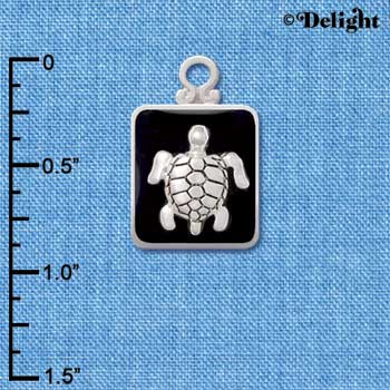 C3813 tlf - Turtle on Black Pendant with Silver Frame - Silver Pendant