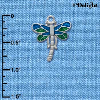 C3821 tlf - Dragonfly with Translucent Green & Blue Wings - Silver Charm