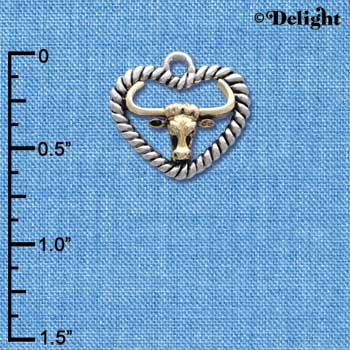 C4068 tlf - Gold Longhorn in Silver Rope Heart - Im. Rhodium and Gold Plated Charm