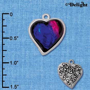 C4069* tlf - Blue, Purple, Pink Resin Heart in Floral Heart Frame - Silver Plated Charm