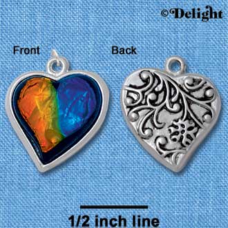 C4070* tlf - Blue, Green, Yellow Resin Heart in Floral Heart Frame - Silver Plated Charm