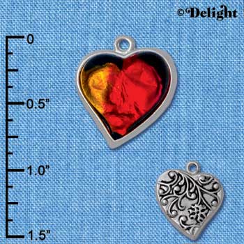 C4072* tlf - Pink, Orange, Yellow Resin Heart in Floral Heart Frame - Silver Plated Charm