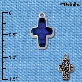 C4075* tlf - Blue Resin Thin Cross in Floral Thin Cross Frame - Silver Plated Charm