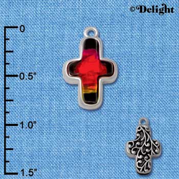 C4076* tlf - Pink, Orange, Yellow Resin Thin Cross in Floral Thin Cross Frame - Silver Plated Charm