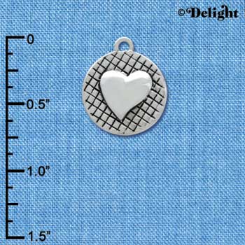 C4083+ tlf - Heart on Hatched Disc - Silver Plated Charm