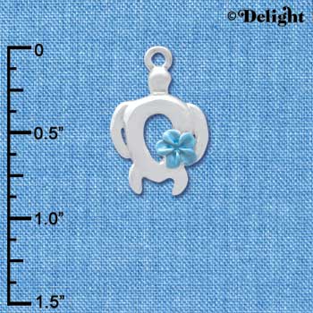 C4099 tlf - Open Sea Turtle with Pearl Blue Plumeria Flower - Silver Plated Charm