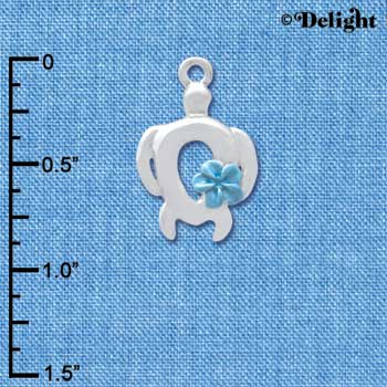 C4099 tlf - Open Sea Turtle with Pearl Blue Plumeria Flower - Silver Plated Charm
