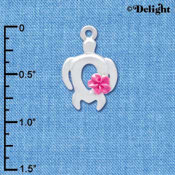 C4100 tlf - Open Sea Turtle with Hot Pink Plumeria Flower - Silver Plated Charm
