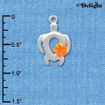 C4101 tlf - Open Sea Turtle with Hot Orange Plumeria Flower - Silver Plated Charm