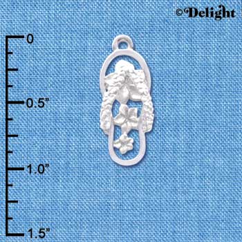 C4102 tlf - Pearl White Open Plumeria Flower Flip Flop - Silver Plated Charm