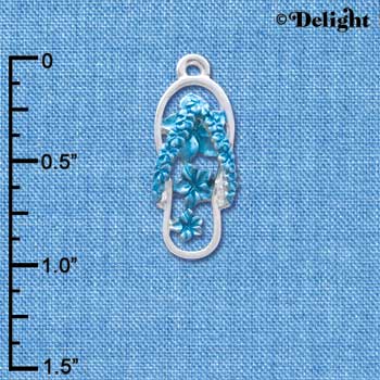 C4105 tlf - Pearl Blue Open Plumeria Flower Flip Flop - Silver Plated Charm