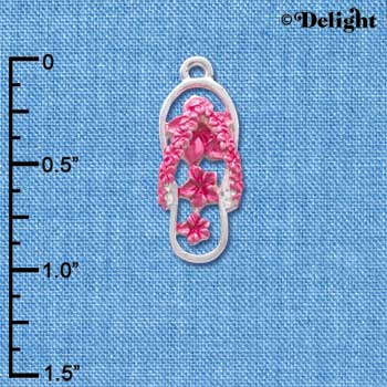 C4106 tlf - Hot Pink Open Plumeria Flower Flip Flop - Silver Plated Charm