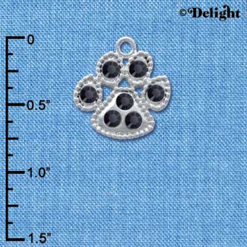 C4137 tlf - Large Black Swarovski Crystal Paw - Silver Plated Charm