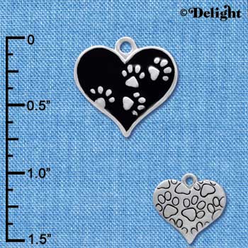 C4144+ tlf - Black Enamel Heart with Silver Paw Prints - Silver Plated Charm