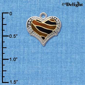 C4150+ tlf - Two Tone Enamel Tiger Print Heart - 2 Sided - Im. Rhodium & Gold Plated Charm